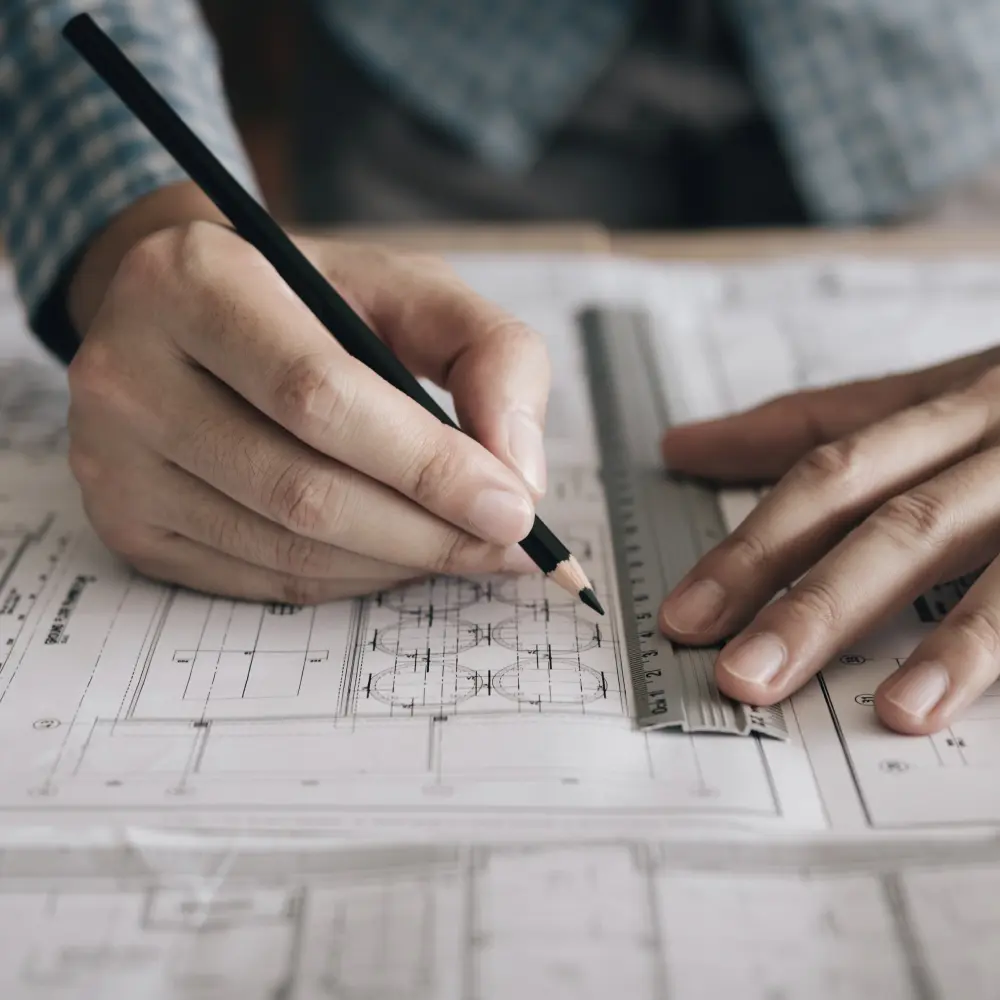 A man using a ruler to draw a line on a blueprint paper