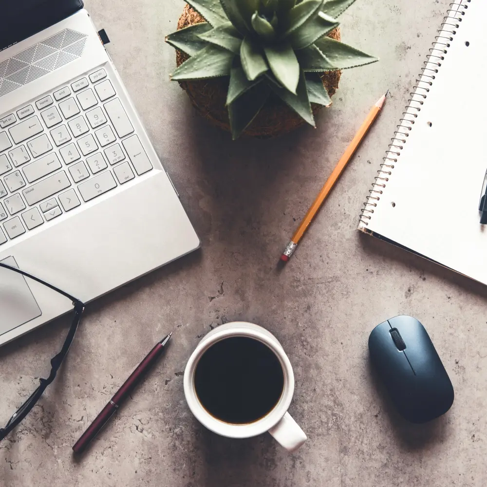 Management - a desk with a laptop, glasses, pen, pencil, coffee mug, mouse, notepad, succulent